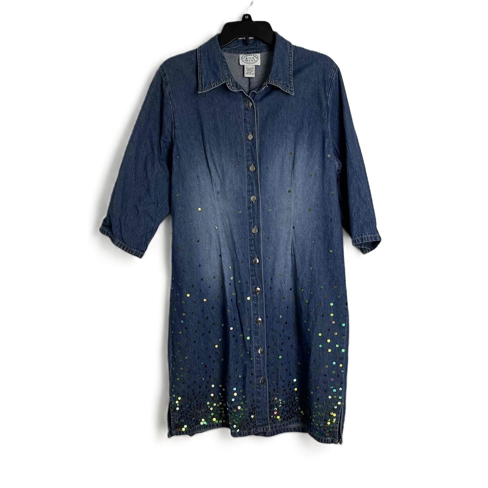 Vintage‎ Carolina Blues Denim Button Down Sequin Collar 3/4 Sleeve Dress Size 16